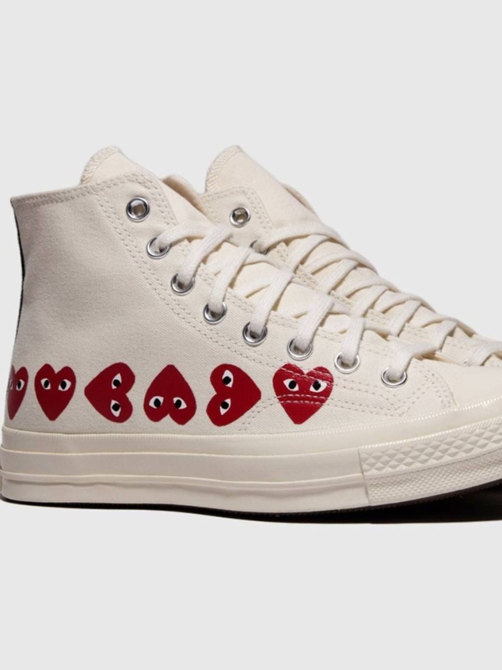 Comme des Garcons PLAY Converse High Tops (Multi-Heart, Size 5, White)
